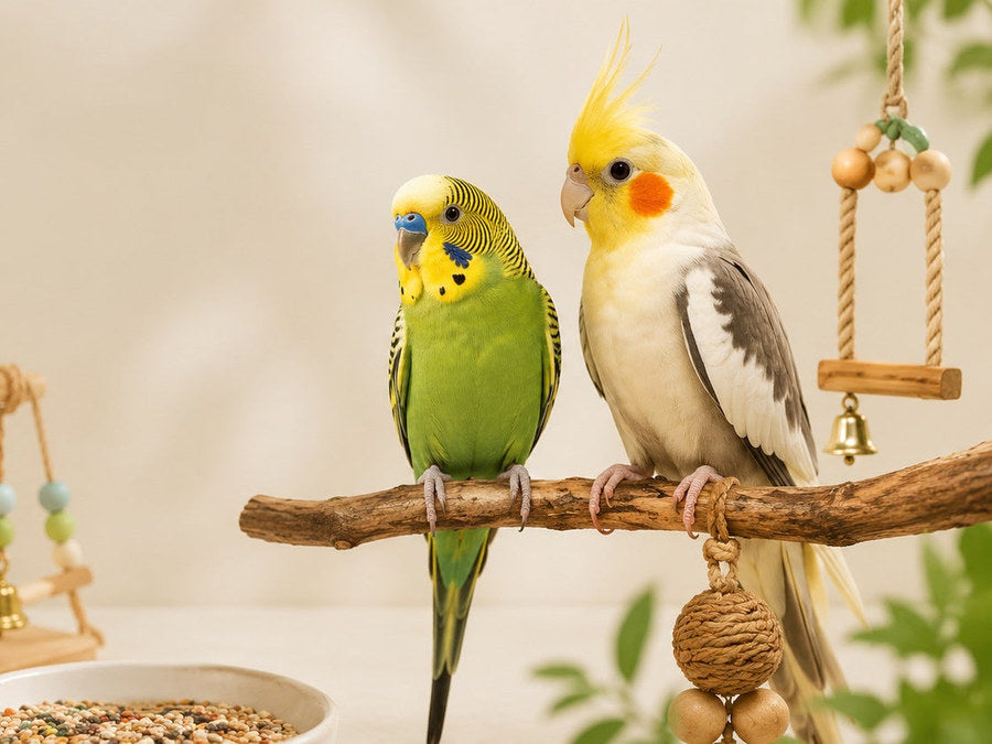 Budgie and cockatiel perched on a wooden branch beside a seed bowl