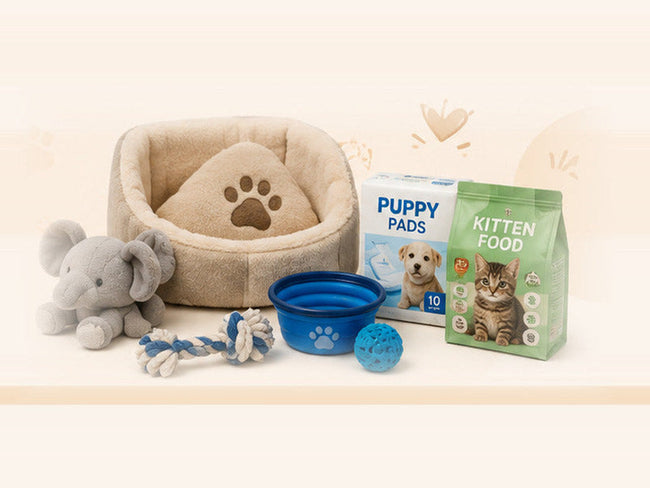Puppy and kitten starter essentials - bed, toys, pads and food