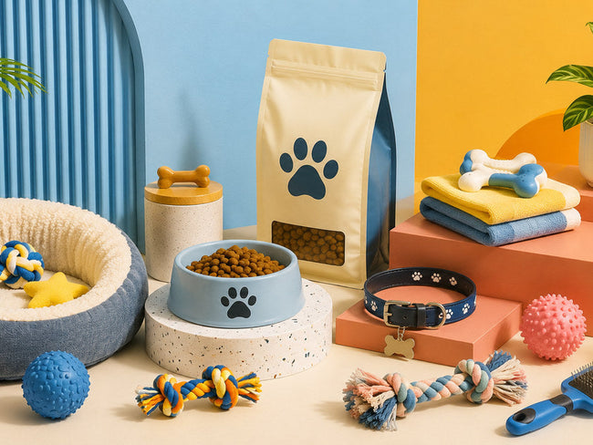Dog essentials flat lay - bowls, collar, toys, treats and grooming brush
