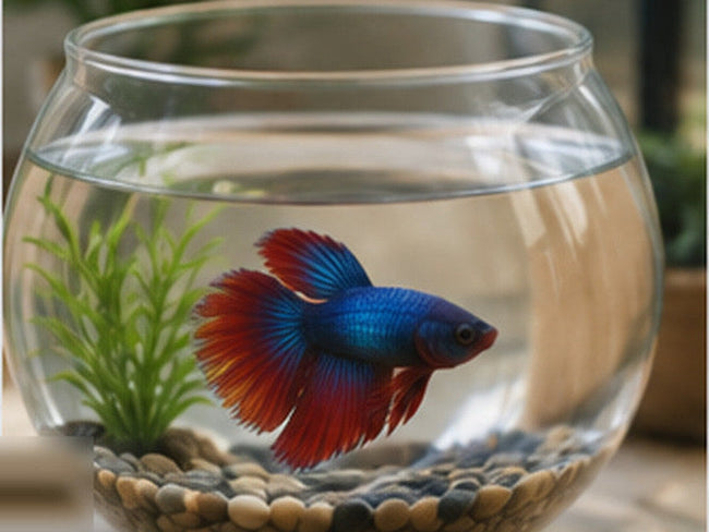 Betta fish in a planted glass aquarium with river pebbles