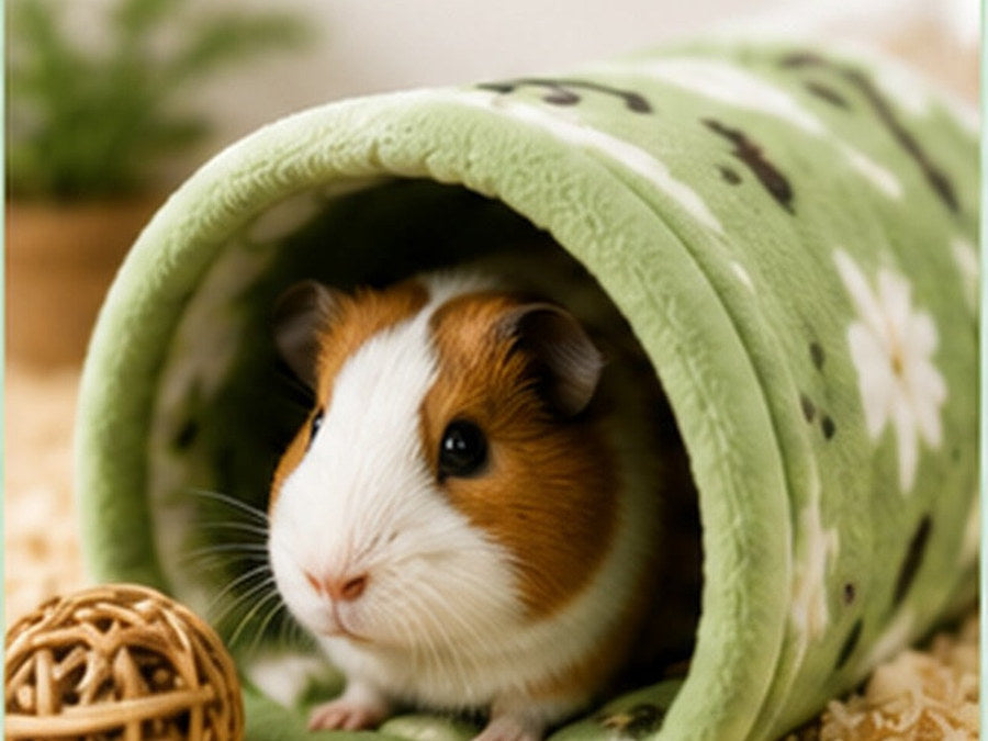 Guinea pig resting in a fleece tunnel on a cage liner