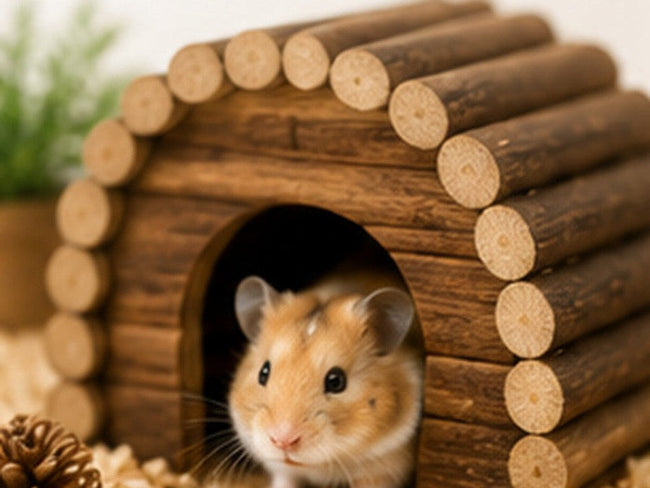 Hamster peeking out of a wooden hideout house on bedding