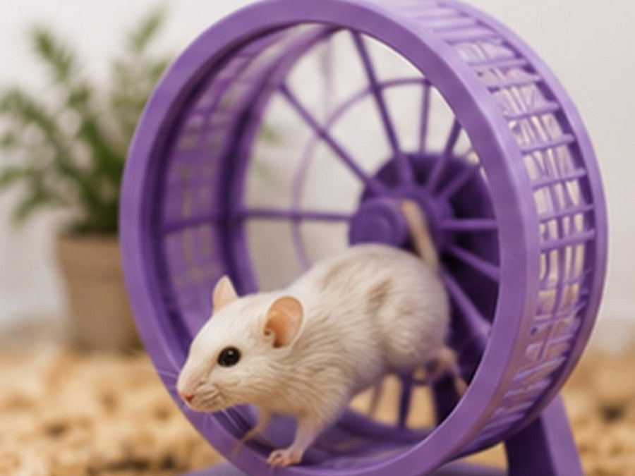 Hamster running in a silent spinner exercise wheel