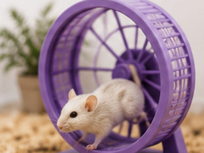 Hamster running in a silent spinner exercise wheel