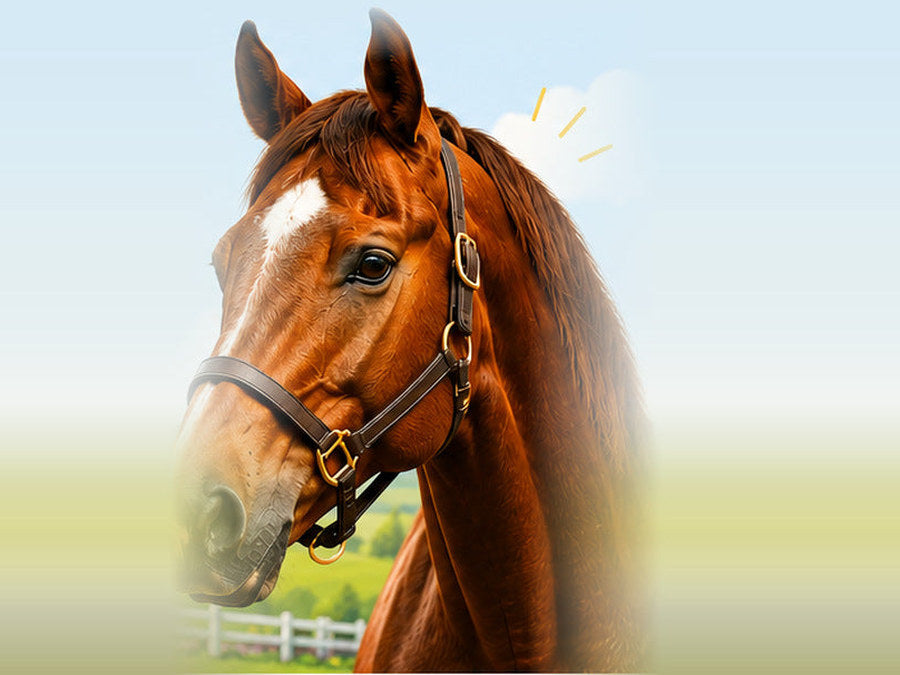 Chestnut horse wearing a leather halter in a paddock