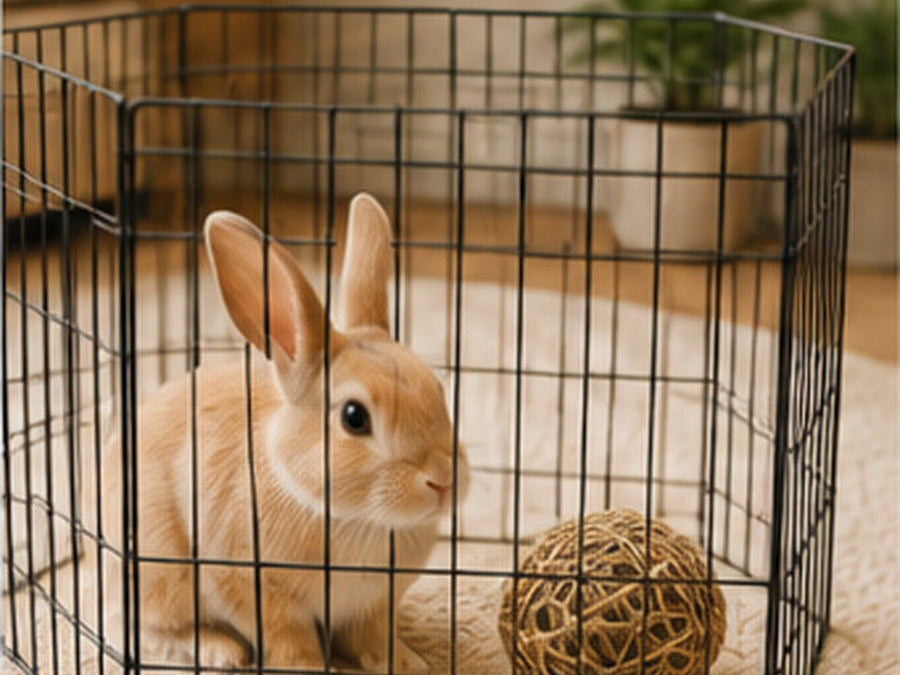 Rabbit sitting in a foldable wire playpen with a woven ball toy