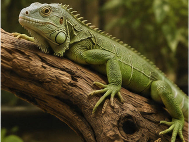 Green iguana resting on a hardwood climbing branch