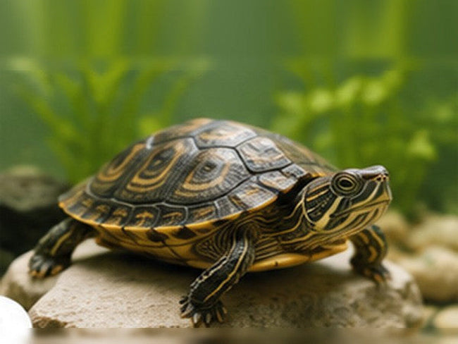 Turtle basking on a rock beside water in a planted enclosure