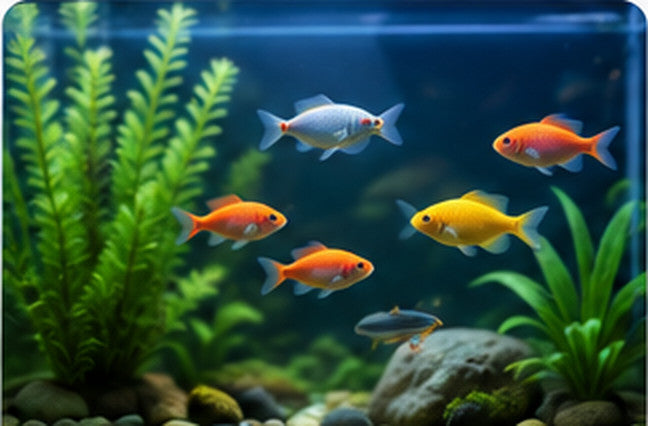 Planted freshwater aquarium with tropical fish, gravel substrate and green plants