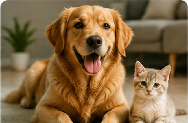Golden retriever and a kitten resting together in a tidy living room
