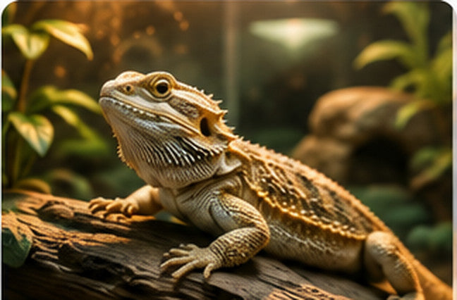 Bearded dragon basking on a hardwood branch in a planted terrarium