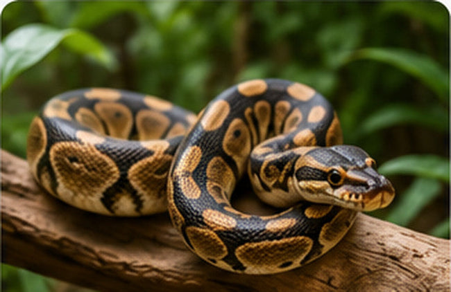 Ball python coiled on a branch among green foliage