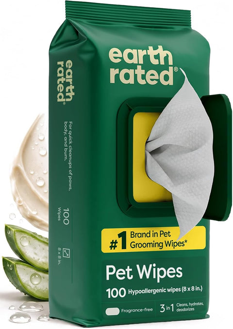 Earth Rated Dog Grooming Wipes, Unscented, 100 Count