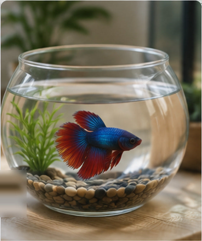 Betta fish swimming in a curved glass starter tank with river pebbles and a silk plant