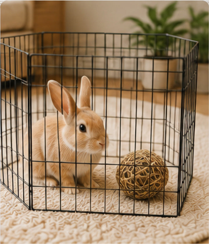 Rabbit sitting inside a foldable wire small pet playpen with a woven ball toy