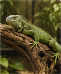 Green iguana resting on a natural hardwood climbing branch in a planted terrarium